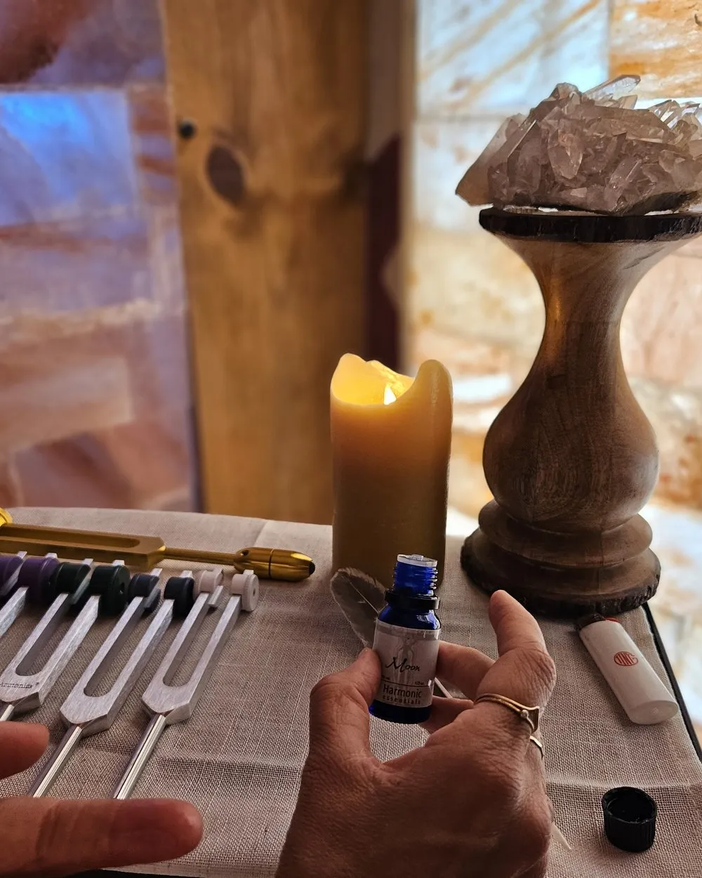 Tuning forks and crystal altar in the salt room